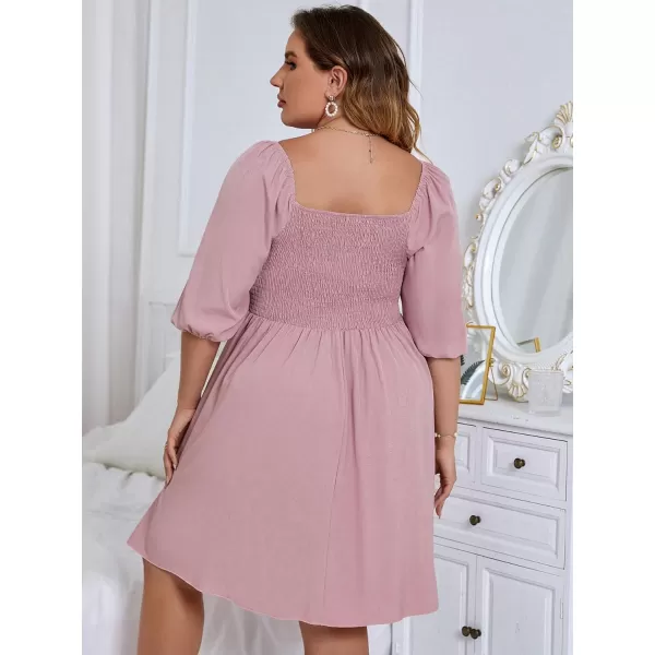 WDIRARA Women's Plus Size Puff Sleeve Square Neck Shirred High Waist Ruffle Hem A Line Short Dress
