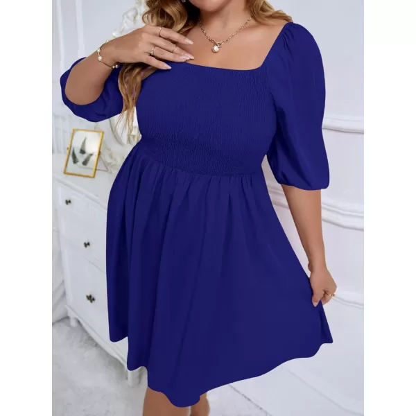 WDIRARA Women's Plus Size Puff Sleeve Square Neck Shirred High Waist Ruffle Hem A Line Short Dress