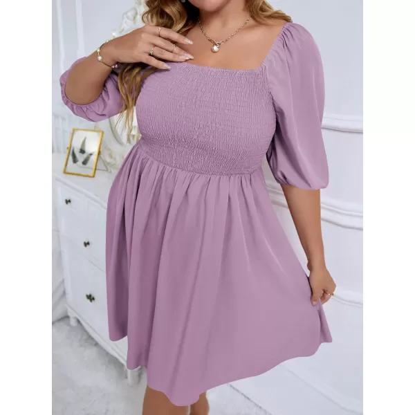 WDIRARA Women's Plus Size Puff Sleeve Square Neck Shirred High Waist Ruffle Hem A Line Short Dress