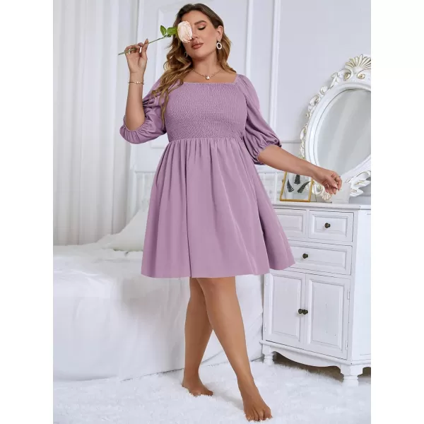 WDIRARA Women's Plus Size Puff Sleeve Square Neck Shirred High Waist Ruffle Hem A Line Short Dress