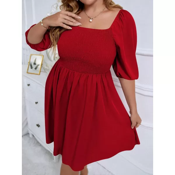 WDIRARA Women's Plus Size Puff Sleeve Square Neck Shirred High Waist Ruffle Hem A Line Short Dress