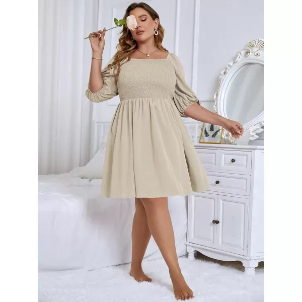 WDIRARA Women's Plus Size Puff Sleeve Square Neck Shirred High Waist Ruffle Hem A Line Short Dress