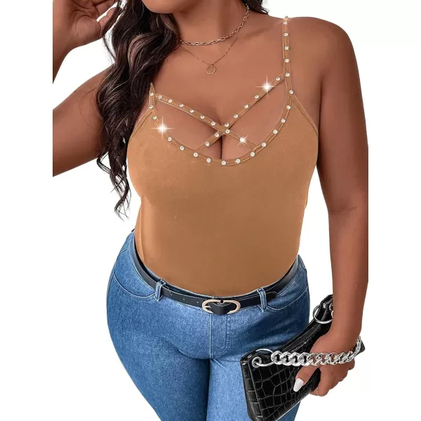 WDIRARA Women's Plus Size Rhinestone Crisscross Spaghetti Strap Cami Top