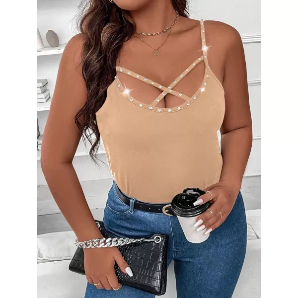 WDIRARA Women's Plus Size Rhinestone Crisscross Spaghetti Strap Cami Top