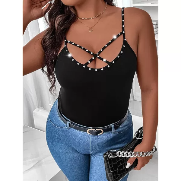 WDIRARA Women's Plus Size Rhinestone Crisscross Spaghetti Strap Cami Top