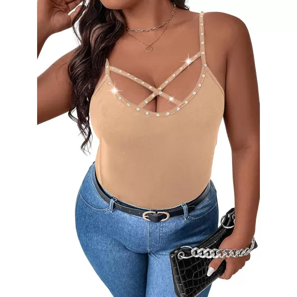WDIRARA Women's Plus Size Rhinestone Crisscross Spaghetti Strap Cami Top