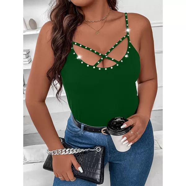 WDIRARA Women's Plus Size Rhinestone Crisscross Spaghetti Strap Cami Top