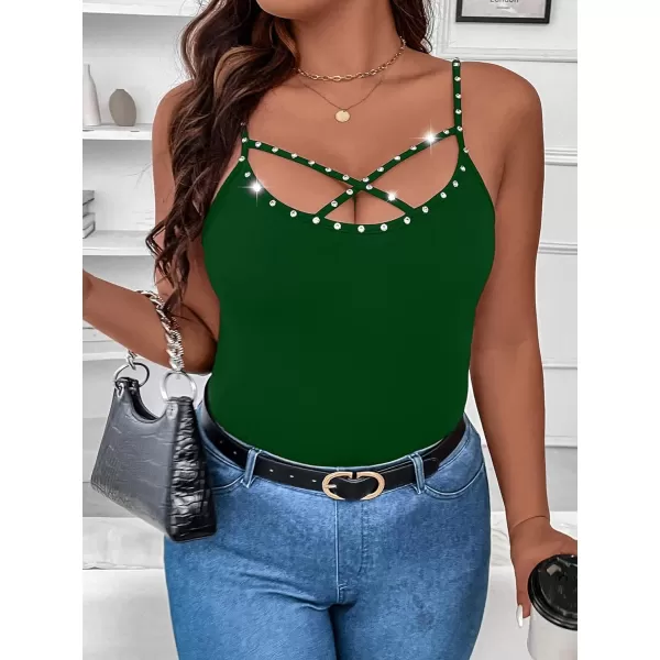 WDIRARA Women's Plus Size Rhinestone Crisscross Spaghetti Strap Cami Top