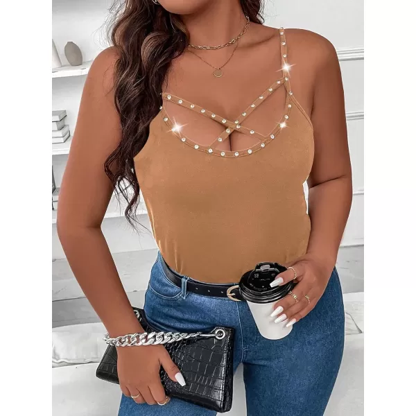 WDIRARA Women's Plus Size Rhinestone Crisscross Spaghetti Strap Cami Top