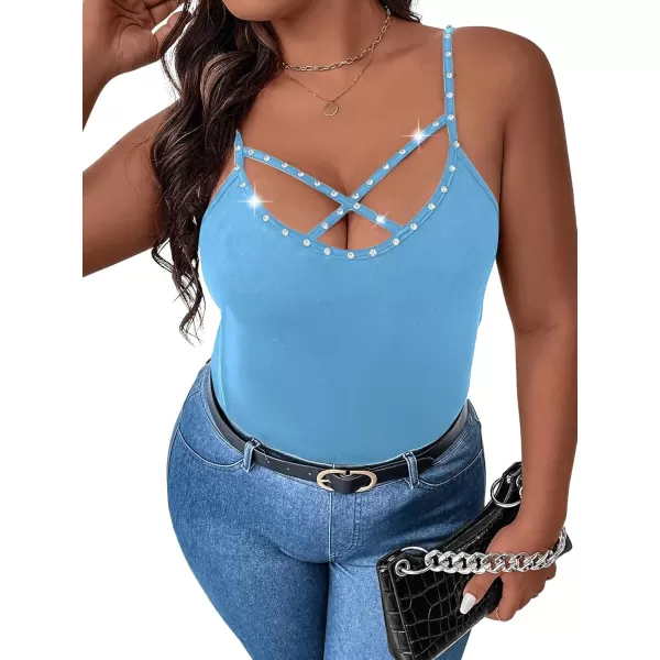 WDIRARA Women's Plus Size Rhinestone Crisscross Spaghetti Strap Cami Top