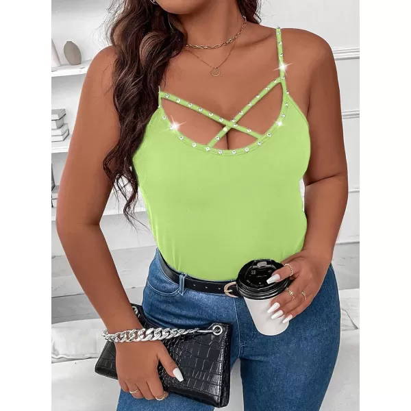 WDIRARA Women's Plus Size Rhinestone Crisscross Spaghetti Strap Cami Top