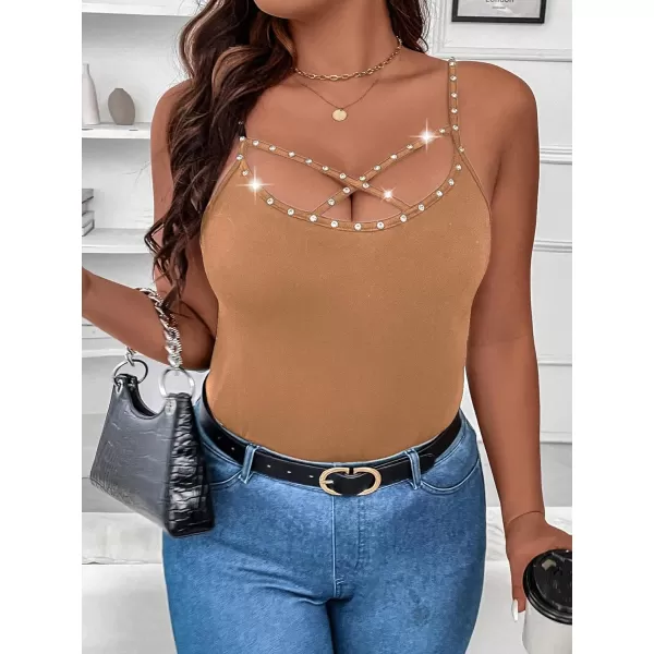 WDIRARA Women's Plus Size Rhinestone Crisscross Spaghetti Strap Cami Top