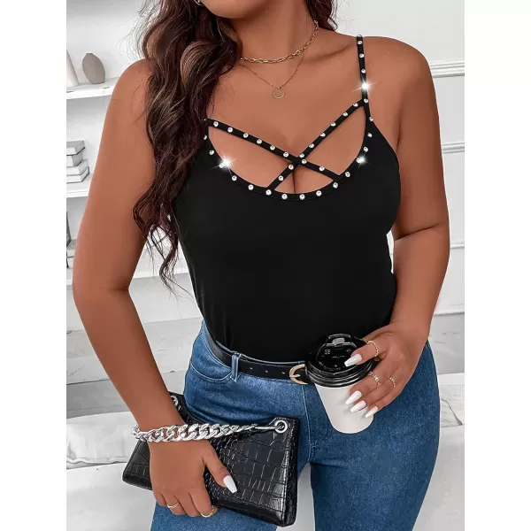 WDIRARA Women's Plus Size Rhinestone Crisscross Spaghetti Strap Cami Top