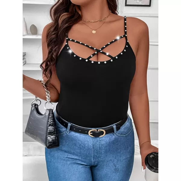 WDIRARA Women's Plus Size Rhinestone Crisscross Spaghetti Strap Cami Top