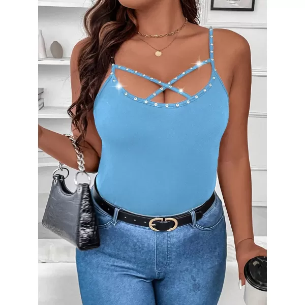 WDIRARA Women's Plus Size Rhinestone Crisscross Spaghetti Strap Cami Top