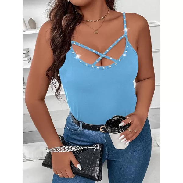 WDIRARA Women's Plus Size Rhinestone Crisscross Spaghetti Strap Cami Top