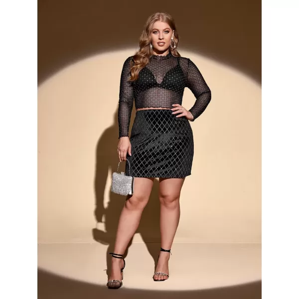 WDIRARA Women's Plus Size Rhinestone Sheer Mesh See Through Round Neck Long Sleeve Top
