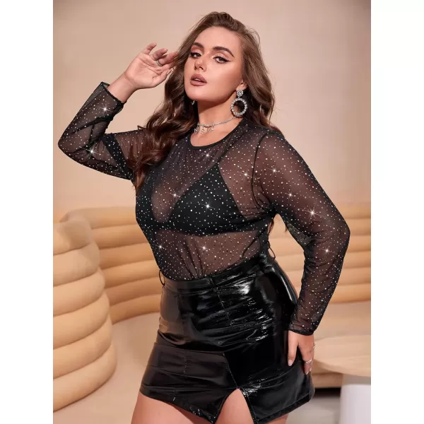 WDIRARA Women's Plus Size Rhinestone Sheer Mesh See Through Round Neck Long Sleeve Top