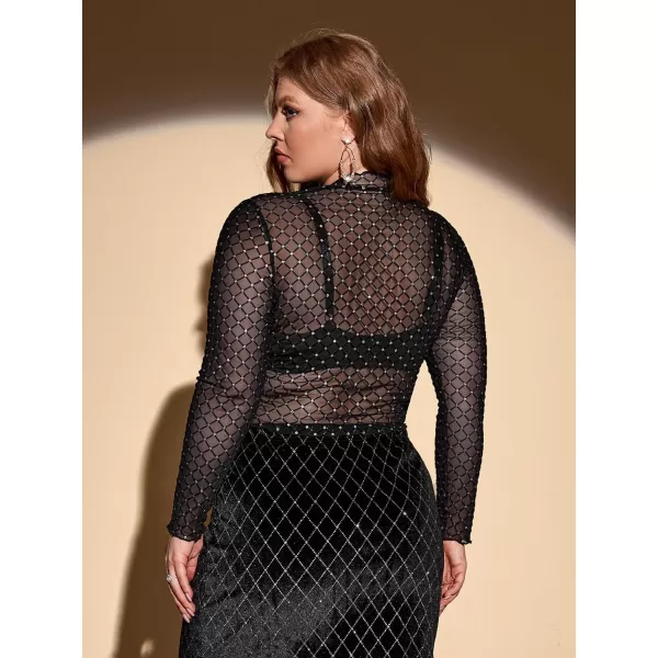 WDIRARA Women's Plus Size Rhinestone Sheer Mesh See Through Round Neck Long Sleeve Top