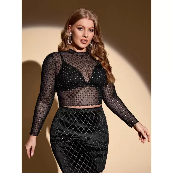 WDIRARA Women's Plus Size Rhinestone Sheer Mesh See Through Round Neck Long Sleeve Top