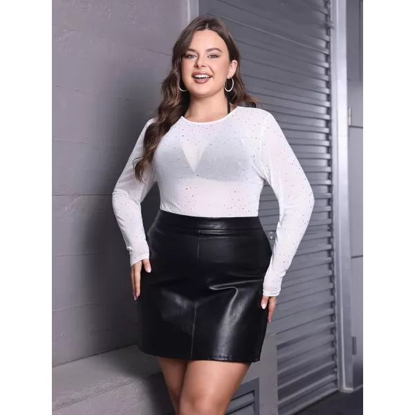 WDIRARA Women's Plus Size Rhinestone Sheer Mesh See Through Round Neck Long Sleeve Top