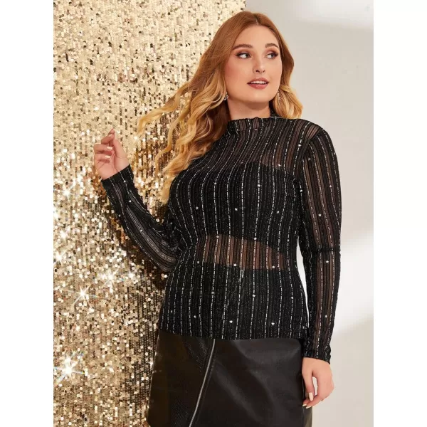 WDIRARA Women's Plus Size Rhinestone Sheer Mesh See Through Round Neck Long Sleeve Top