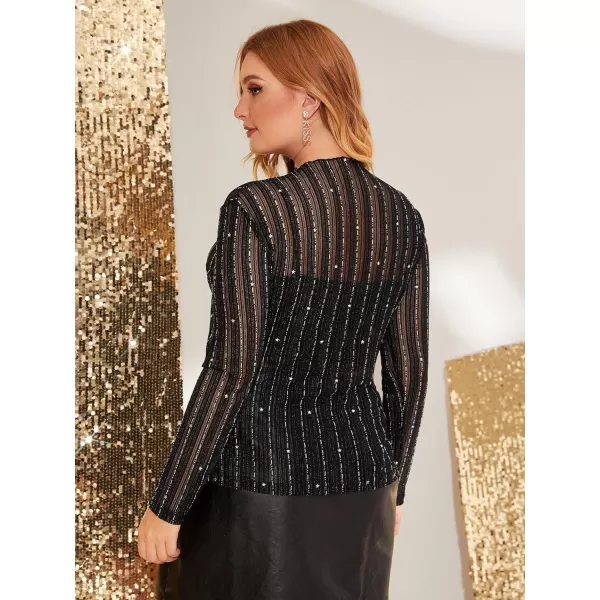 WDIRARA Women's Plus Size Rhinestone Sheer Mesh See Through Round Neck Long Sleeve Top