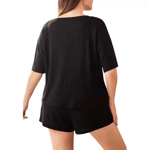 WDIRARA Women's Plus Size Ribbed Short Sleeve Top and Shorts Pajama Set Loungewear