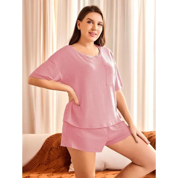WDIRARA Women's Plus Size Ribbed Short Sleeve Top and Shorts Pajama Set Loungewear