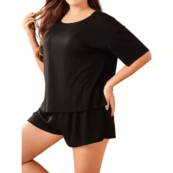 WDIRARA Women's Plus Size Ribbed Short Sleeve Top and Shorts Pajama Set Loungewear