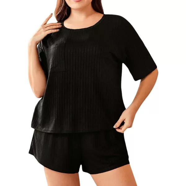 WDIRARA Women's Plus Size Ribbed Short Sleeve Top and Shorts Pajama Set Loungewear
