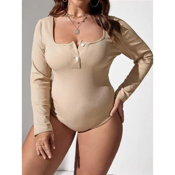 WDIRARA Women's Plus Size Ribbed Square Neck Long Sleeve Button Front Fitted Top Bodysuit