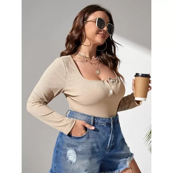 WDIRARA Women's Plus Size Ribbed Square Neck Long Sleeve Button Front Fitted Top Bodysuit