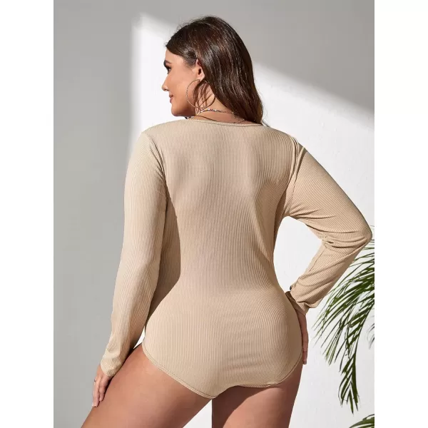 WDIRARA Women's Plus Size Ribbed Square Neck Long Sleeve Button Front Fitted Top Bodysuit