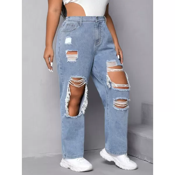 WDIRARA Women's Plus Size Ripped High Waist Cut Out Straight Leg Jeans Denim Pants