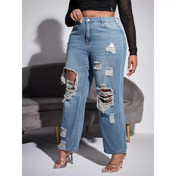 WDIRARA Women's Plus Size Ripped High Waist Cut Out Straight Leg Jeans Denim Pants