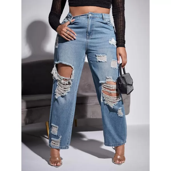 WDIRARA Women's Plus Size Ripped High Waist Cut Out Straight Leg Jeans Denim Pants