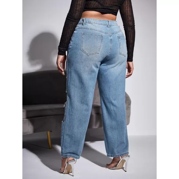 WDIRARA Women's Plus Size Ripped High Waist Cut Out Straight Leg Jeans Denim Pants