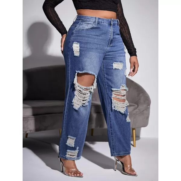 WDIRARA Women's Plus Size Ripped High Waist Cut Out Straight Leg Jeans Denim Pants