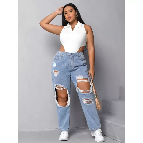 WDIRARA Women's Plus Size Ripped High Waist Cut Out Straight Leg Jeans Denim Pants