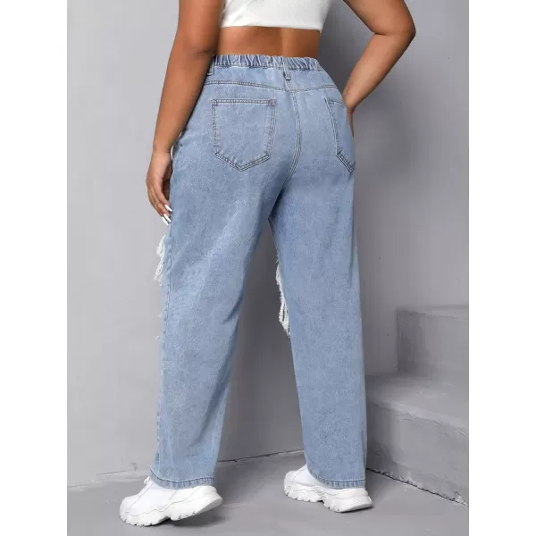 WDIRARA Women's Plus Size Ripped High Waist Cut Out Straight Leg Jeans Denim Pants