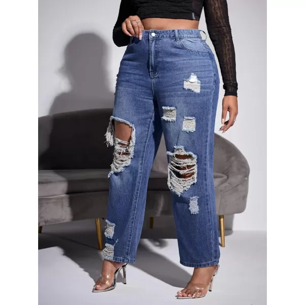 WDIRARA Women's Plus Size Ripped High Waist Cut Out Straight Leg Jeans Denim Pants