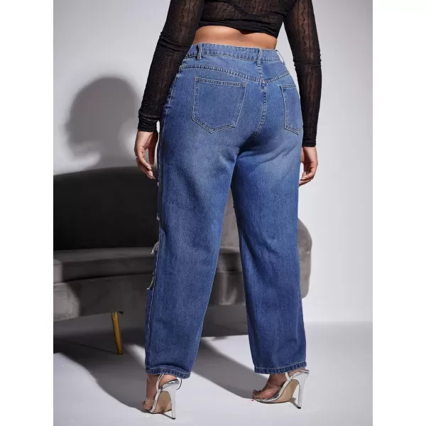 WDIRARA Women's Plus Size Ripped High Waist Cut Out Straight Leg Jeans Denim Pants