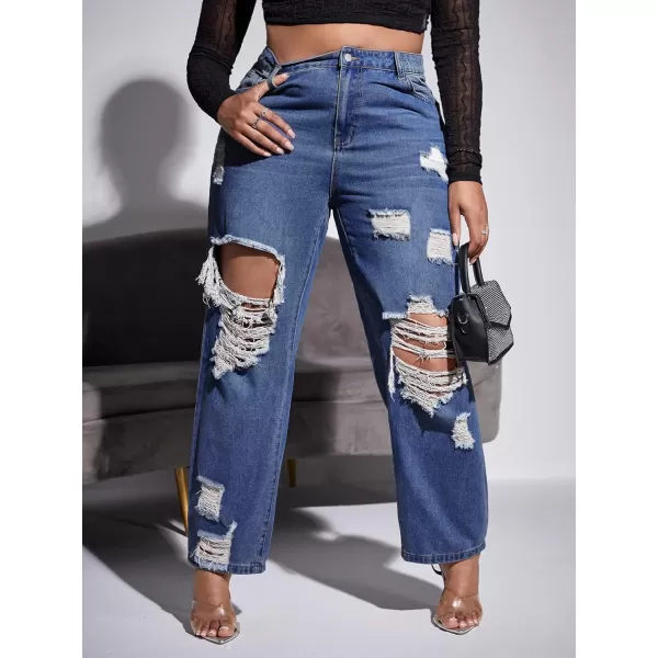 WDIRARA Women's Plus Size Ripped High Waist Cut Out Straight Leg Jeans Denim Pants