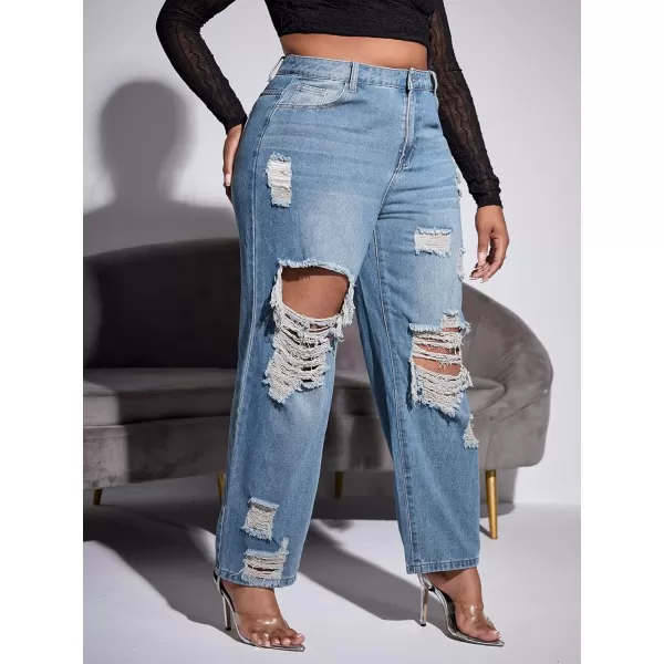 WDIRARA Women's Plus Size Ripped High Waist Cut Out Straight Leg Jeans Denim Pants