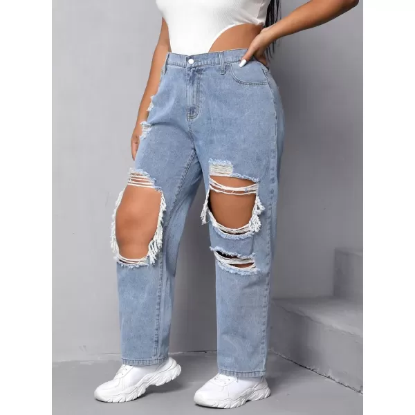 WDIRARA Women's Plus Size Ripped High Waist Cut Out Straight Leg Jeans Denim Pants