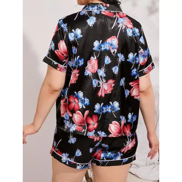 WDIRARA Women's Plus Size Satin Floral Short Sleeve Button Up Pajamas Shorts Lounge Set