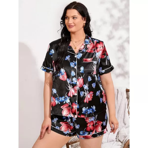 WDIRARA Women's Plus Size Satin Floral Short Sleeve Button Up Pajamas Shorts Lounge Set