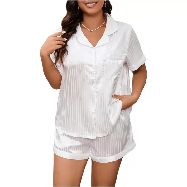 WDIRARA Women's Plus Size Satin Floral Short Sleeve Button Up Pajamas Shorts Lounge Set