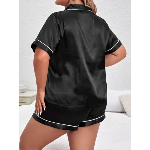 WDIRARA Women's Plus Size Satin Floral Short Sleeve Button Up Pajamas Shorts Lounge Set
